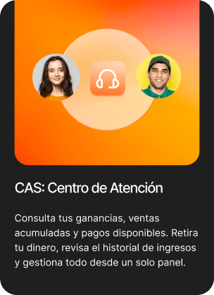 Tarjeta CAS: Centro de Atención, con dos asesores y un icono de diadema sobre fondo naranja